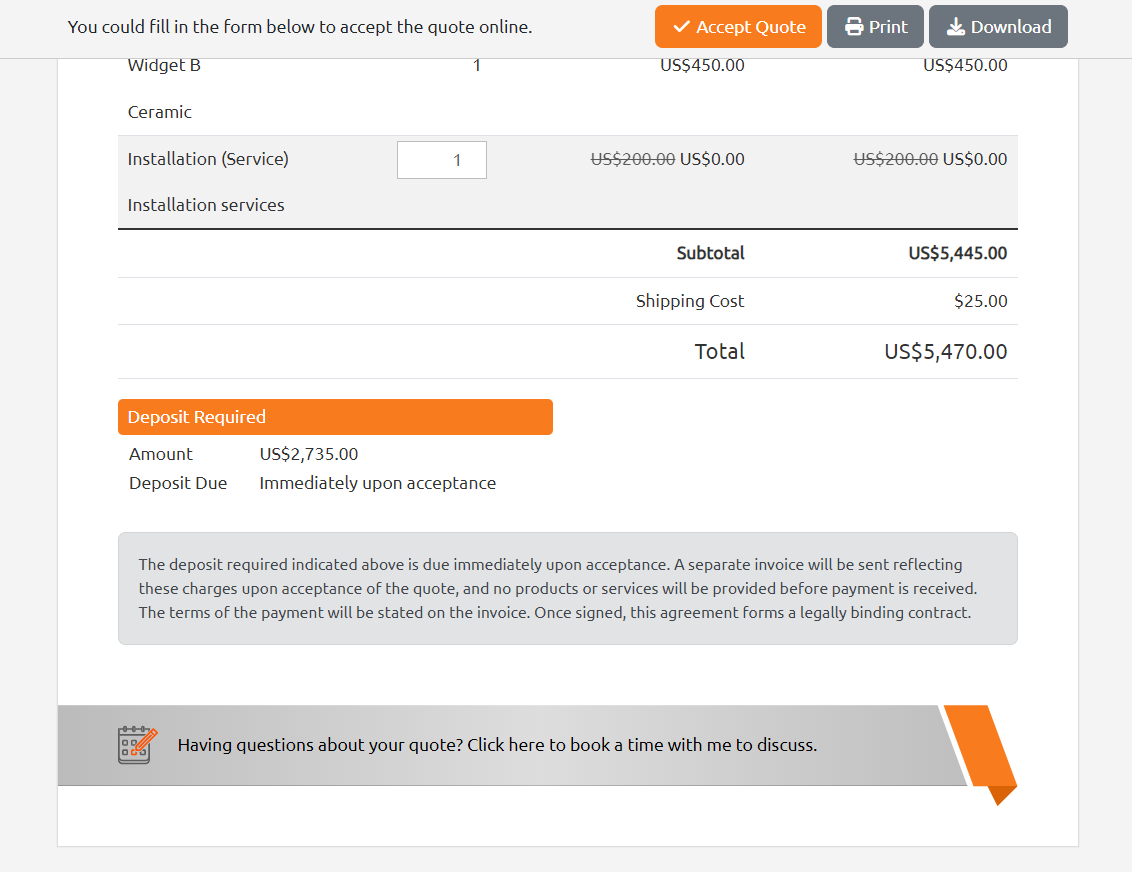Screenshot showing how to communicate terms and conditions